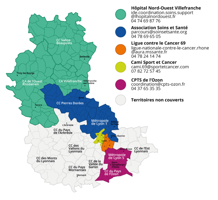 Carte des secteurs d'intervention des structures porteuses dans le Rhône